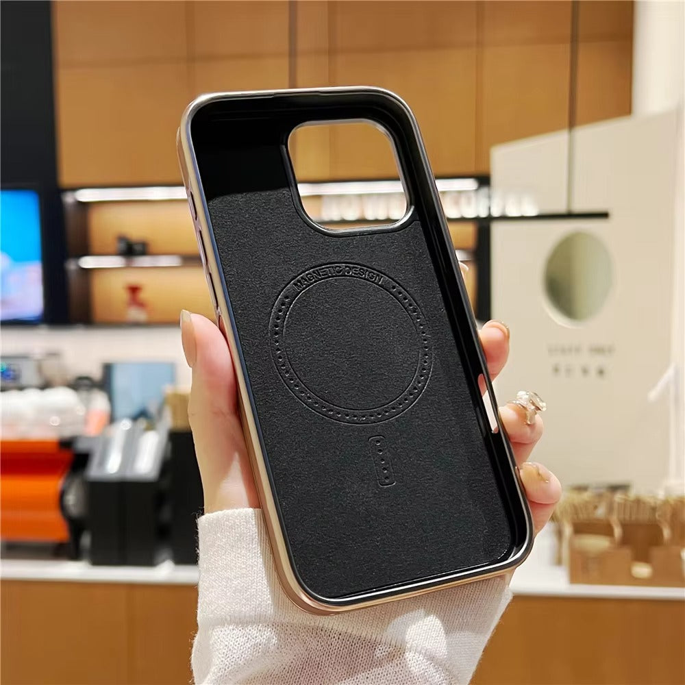 Luxury iPhone MagSafe Case Leather Matte Cover — Plating Frame Magnetic Wireless Charging, Business Style Shockproof Bumper Armor, Anti-Fingerprint Scratch-Resistant Design