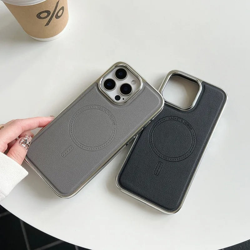 Luxury iPhone MagSafe Case Leather Matte Cover — Plating Frame Magnetic Wireless Charging, Business Style Shockproof Bumper Armor, Anti-Fingerprint Scratch-Resistant Design