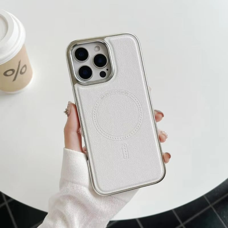 Luxury iPhone MagSafe Case Leather Matte Cover — Plating Frame Magnetic Wireless Charging, Business Style Shockproof Bumper Armor, Anti-Fingerprint Scratch-Resistant Design