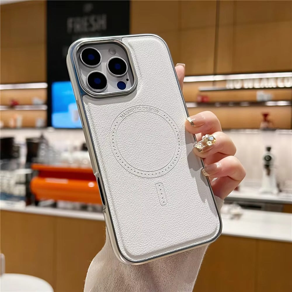 Luxury iPhone MagSafe Case Leather Matte Cover — Plating Frame Magnetic Wireless Charging, Business Style Shockproof Bumper Armor, Anti-Fingerprint Scratch-Resistant Design
