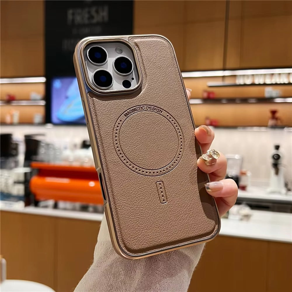 Luxury iPhone MagSafe Case Leather Matte Cover — Plating Frame Magnetic Wireless Charging, Business Style Shockproof Bumper Armor, Anti-Fingerprint Scratch-Resistant Design