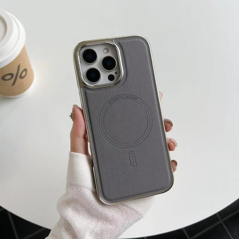 Luxury iPhone MagSafe Case Leather Matte Cover — Plating Frame Magnetic Wireless Charging, Business Style Shockproof Bumper Armor, Anti-Fingerprint Scratch-Resistant Design
