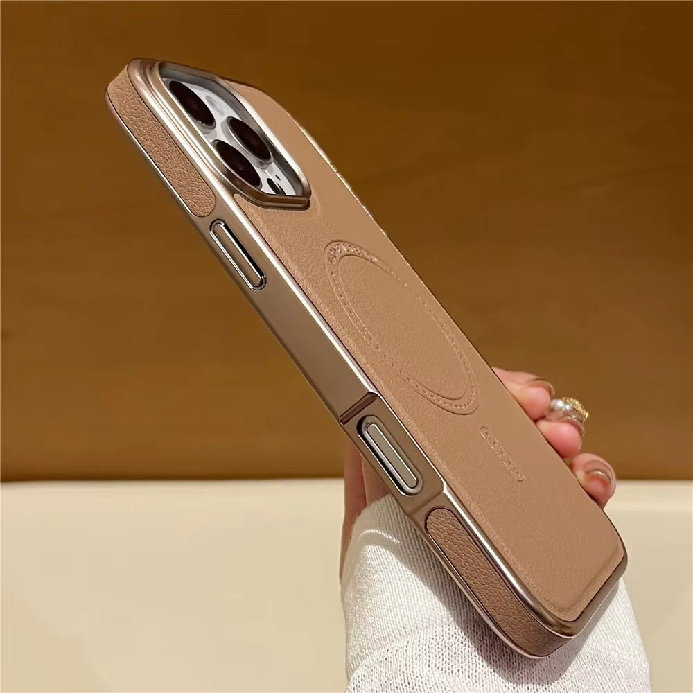 Luxury iPhone MagSafe Case Leather Matte Cover — Plating Frame Magnetic Wireless Charging, Business Style Shockproof Bumper Armor, Anti-Fingerprint Scratch-Resistant Design