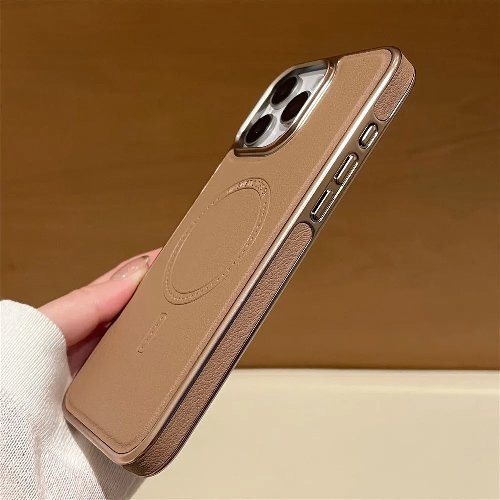 Luxury iPhone MagSafe Case Leather Matte Cover — Plating Frame Magnetic Wireless Charging, Business Style Shockproof Bumper Armor, Anti-Fingerprint Scratch-Resistant Design