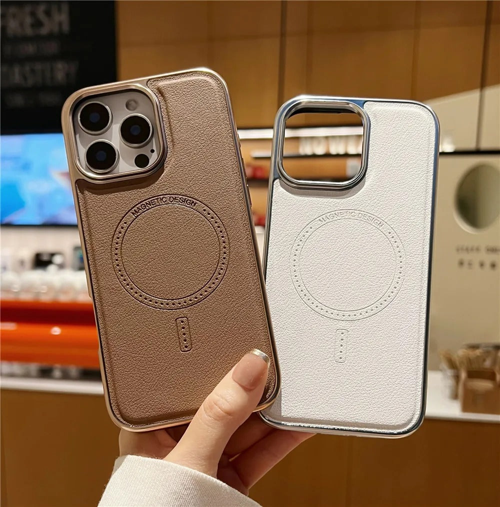 Luxury iPhone MagSafe Case Leather Matte Cover — Plating Frame Magnetic Wireless Charging, Business Style Shockproof Bumper Armor, Anti-Fingerprint Scratch-Resistant Design
