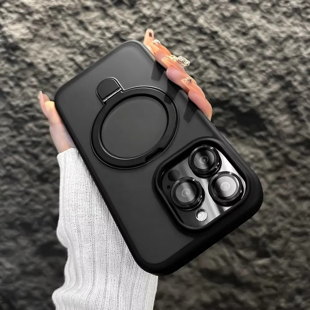 Luxury iPhone MagSafe Case Matte Design — Metal Ring Stand Holder with Lens Protector, Magnetic Wireless Charging, Shockproof Anti-Scratch Non-Slip Cover