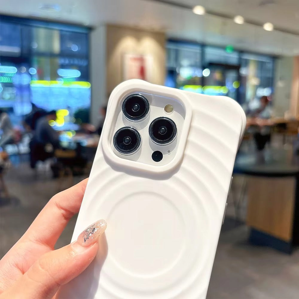 Luxury iPhone MagSafe Case Ripple Silicone Design — Engraved Letter Back Cover, Magnetic Wireless Charging Compatible, Shockproof Soft Non-Slip Protection