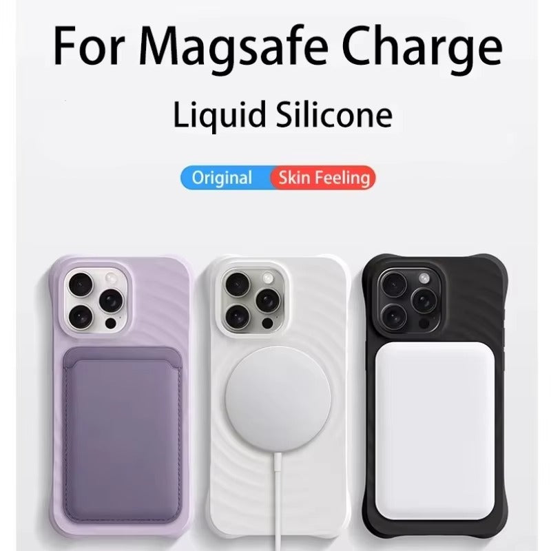Luxury iPhone MagSafe Case Ripple Silicone Design — Engraved Letter Back Cover, Magnetic Wireless Charging Compatible, Shockproof Soft Non-Slip Protection
