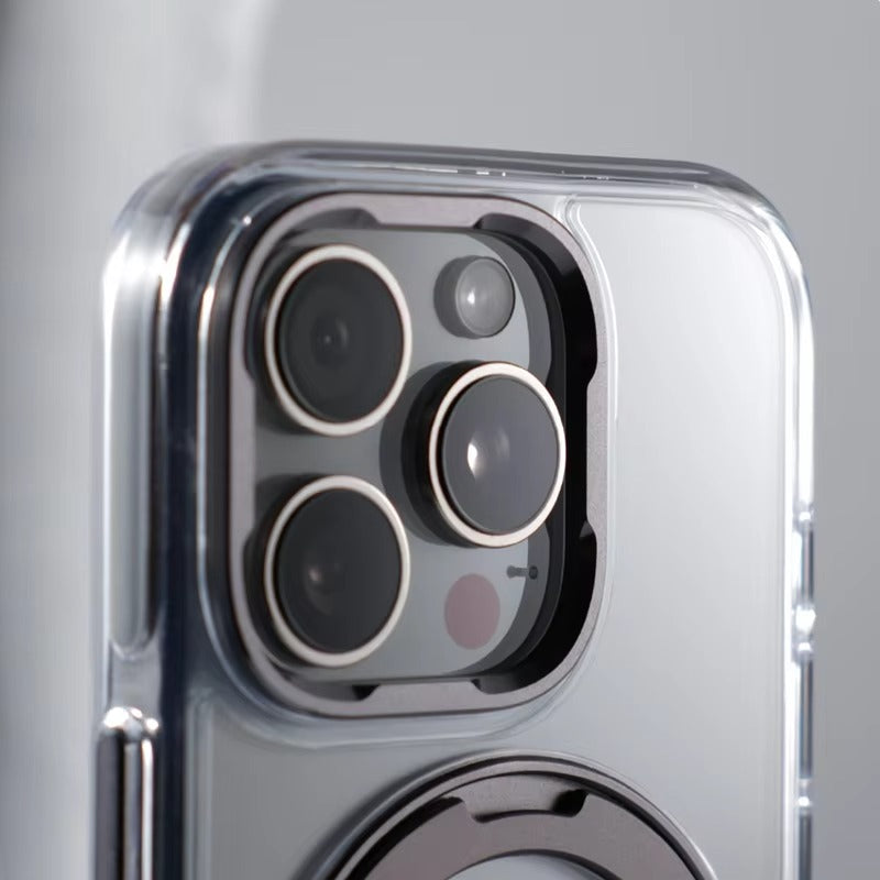 Luxury iPhone MagSafe Case Transparent Hard PC Cover — 360° Kickstand Holder, Magnetic Wireless Charging, Full Coverage Shockproof Protection