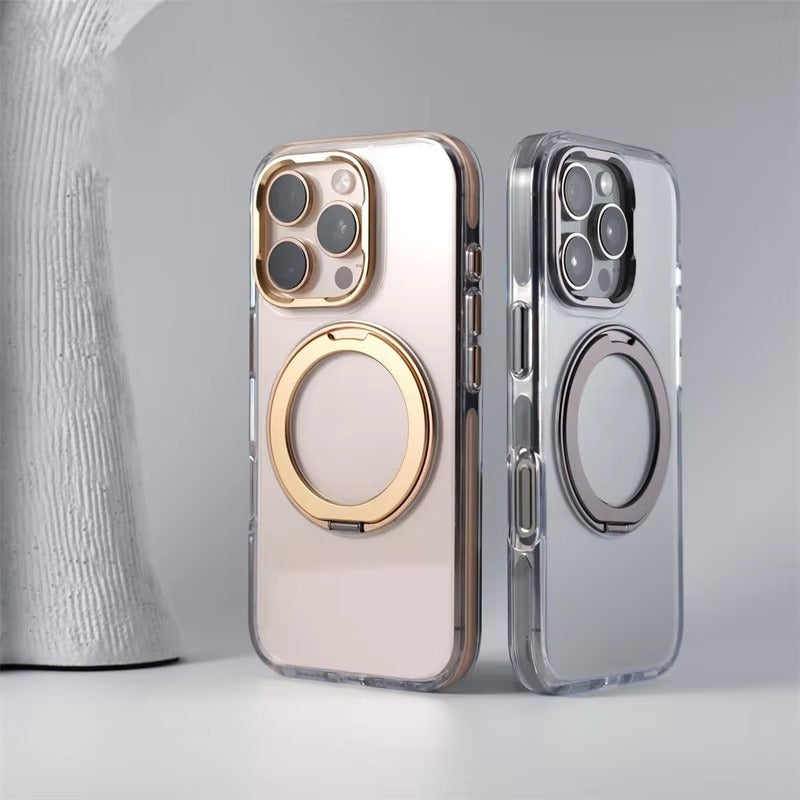 Luxury iPhone MagSafe Case Transparent Hard PC Cover — 360° Kickstand Holder, Magnetic Wireless Charging, Full Coverage Shockproof Protection