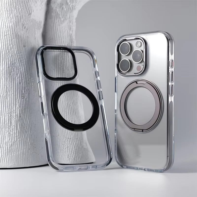 Luxury iPhone MagSafe Case Transparent Hard PC Cover — 360° Kickstand Holder, Magnetic Wireless Charging, Full Coverage Shockproof Protection