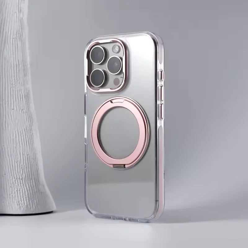 Luxury iPhone MagSafe Case Transparent Hard PC Cover — 360° Kickstand Holder, Magnetic Wireless Charging, Full Coverage Shockproof Protection