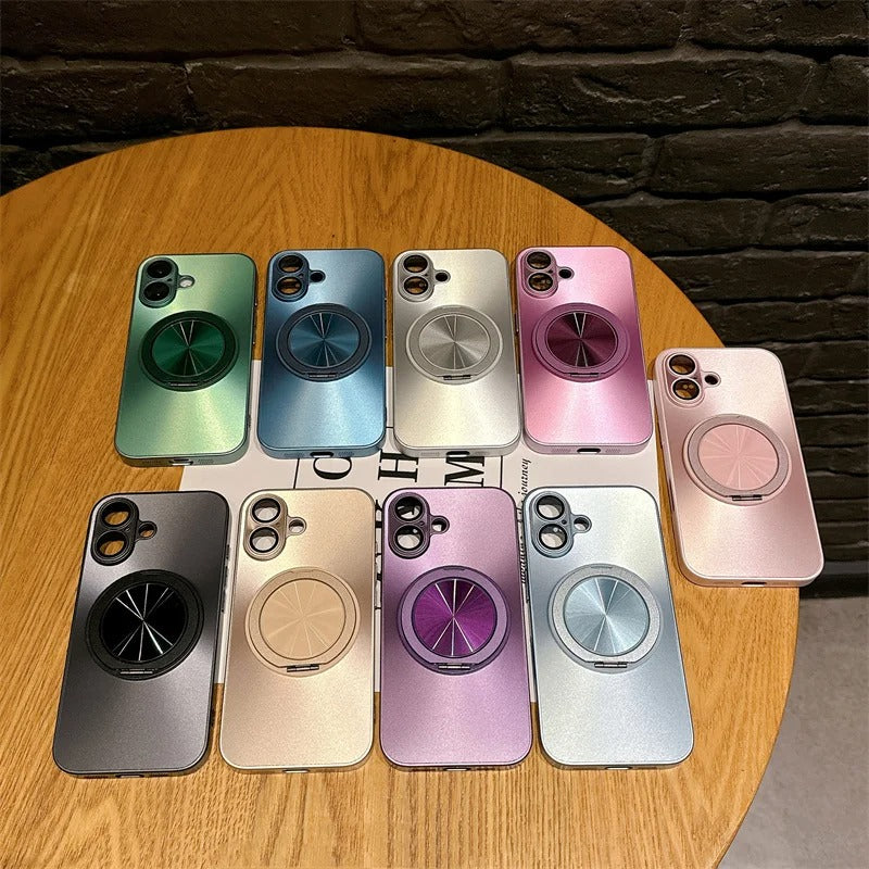 Luxury iPhone MagSafe Case with 360° Rotatable Ring Holder — Frosted Plating Cover, Lens Film Protection, Slim Shockproof Scratch-Resistant Design