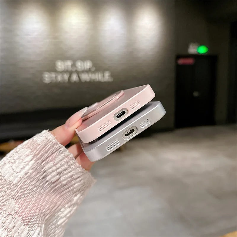 Luxury iPhone MagSafe Case with 360° Rotatable Ring Holder — Frosted Plating Cover, Lens Film Protection, Slim Shockproof Scratch-Resistant Design