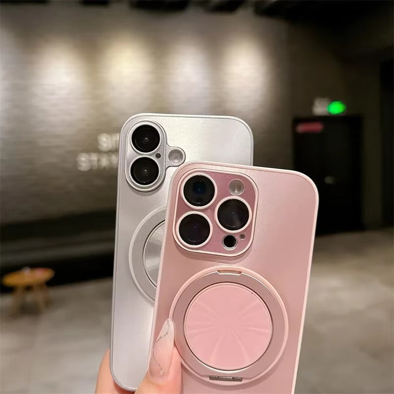 Luxury iPhone MagSafe Case with 360° Rotatable Ring Holder — Frosted Plating Cover, Lens Film Protection, Slim Shockproof Scratch-Resistant Design