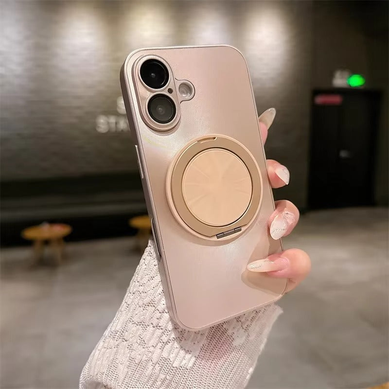 Luxury iPhone MagSafe Case with 360° Rotatable Ring Holder — Frosted Plating Cover, Lens Film Protection, Slim Shockproof Scratch-Resistant Design