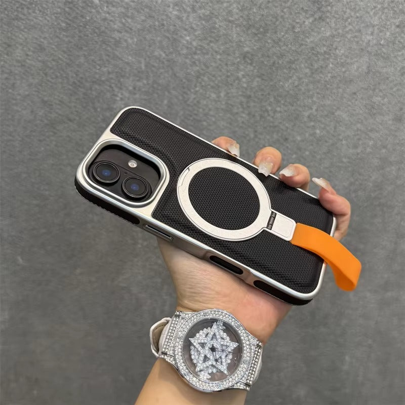 Luxury iPhone MagSafe Case with Metal Ring Holder — Electroplated Matte PC Cover, Shockproof Tough Protection, Wireless Charging Compatible Non-Slip Design