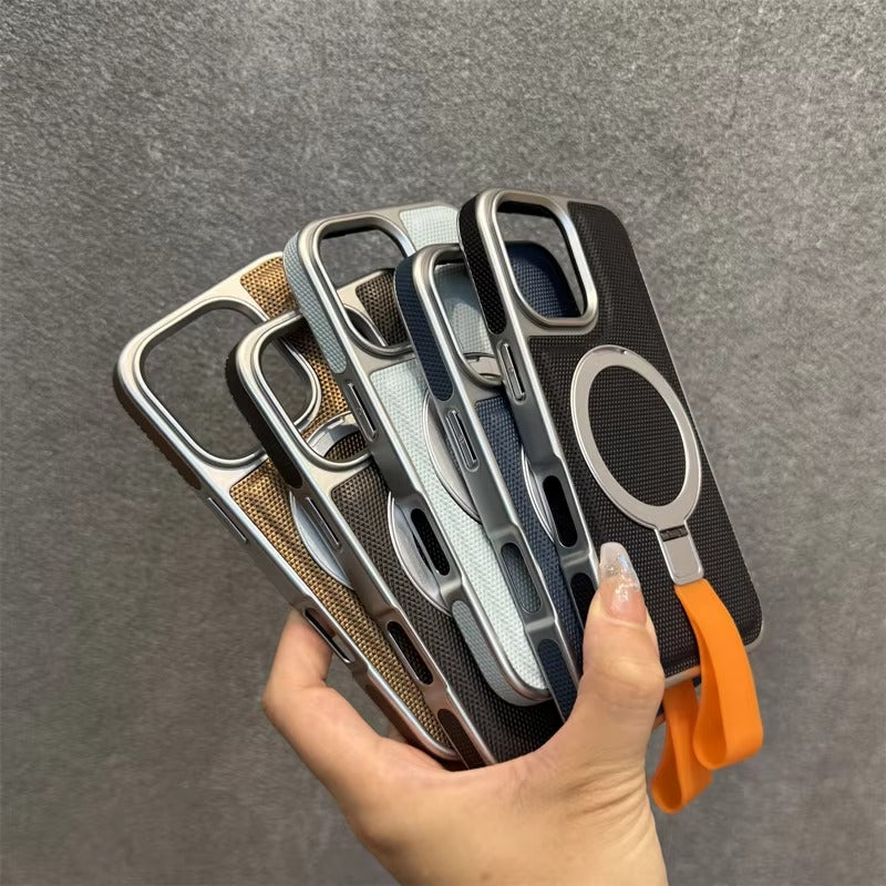 Luxury iPhone MagSafe Case with Metal Ring Holder — Electroplated Matte PC Cover, Shockproof Tough Protection, Wireless Charging Compatible Non-Slip Design