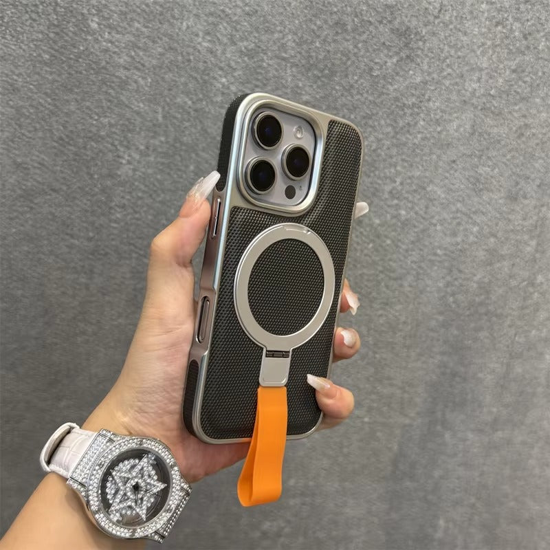 Luxury iPhone MagSafe Case with Metal Ring Holder — Electroplated Matte PC Cover, Shockproof Tough Protection, Wireless Charging Compatible Non-Slip Design