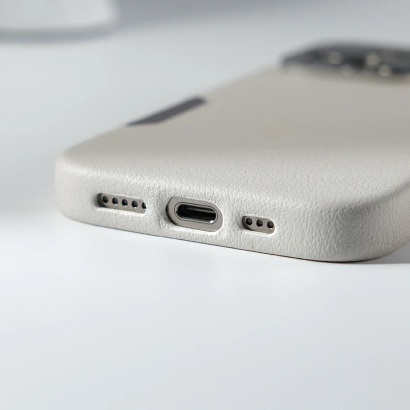 Luxury iPhone MagSafe Leather Case — Simple Solid Color Hard PC Cover, Wireless Charging Compatible, Alloy Lens Protection, Matte Anti-Fingerprint Finish