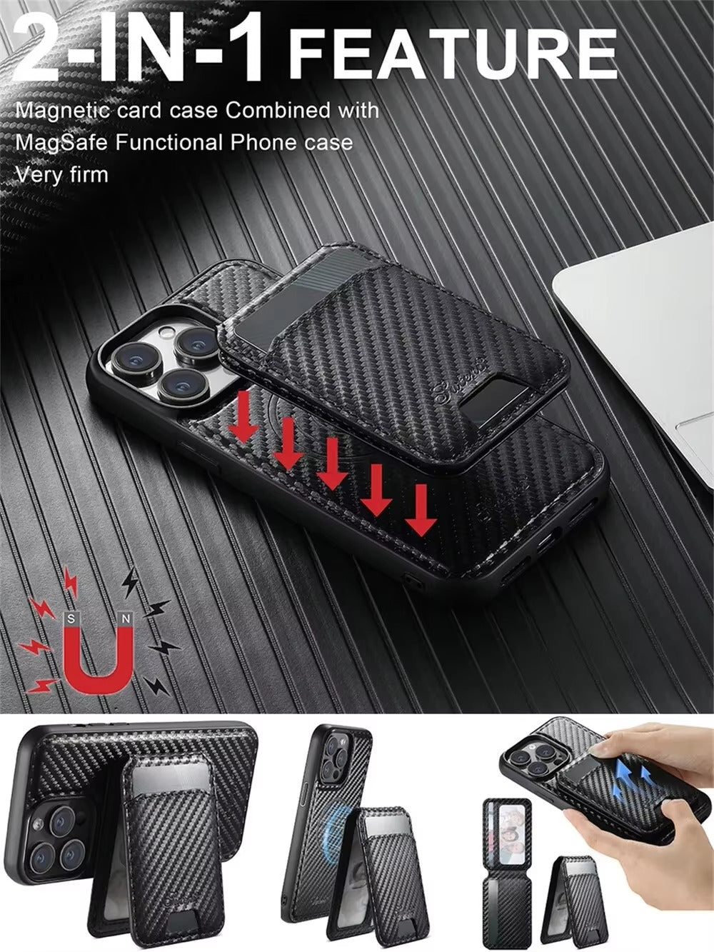 Luxury iPhone MagSafe Wallet Case with Removable Card Holder — Carbon Fiber Texture, Magnetic Cover, Shockproof Anti-Scratch Dustproof Non-Slip Design