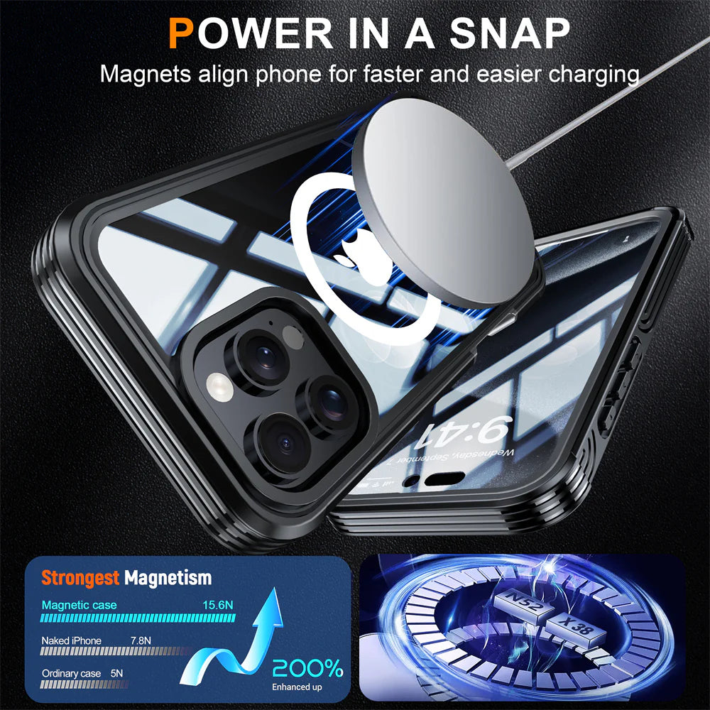 Luxury iPhone Magnetic Case with Double-Sided Tempered Glass — MagSafe Compatible Full Coverage, Dual Layer Shockproof Protection, Anti-Fingerprint Transparent Design