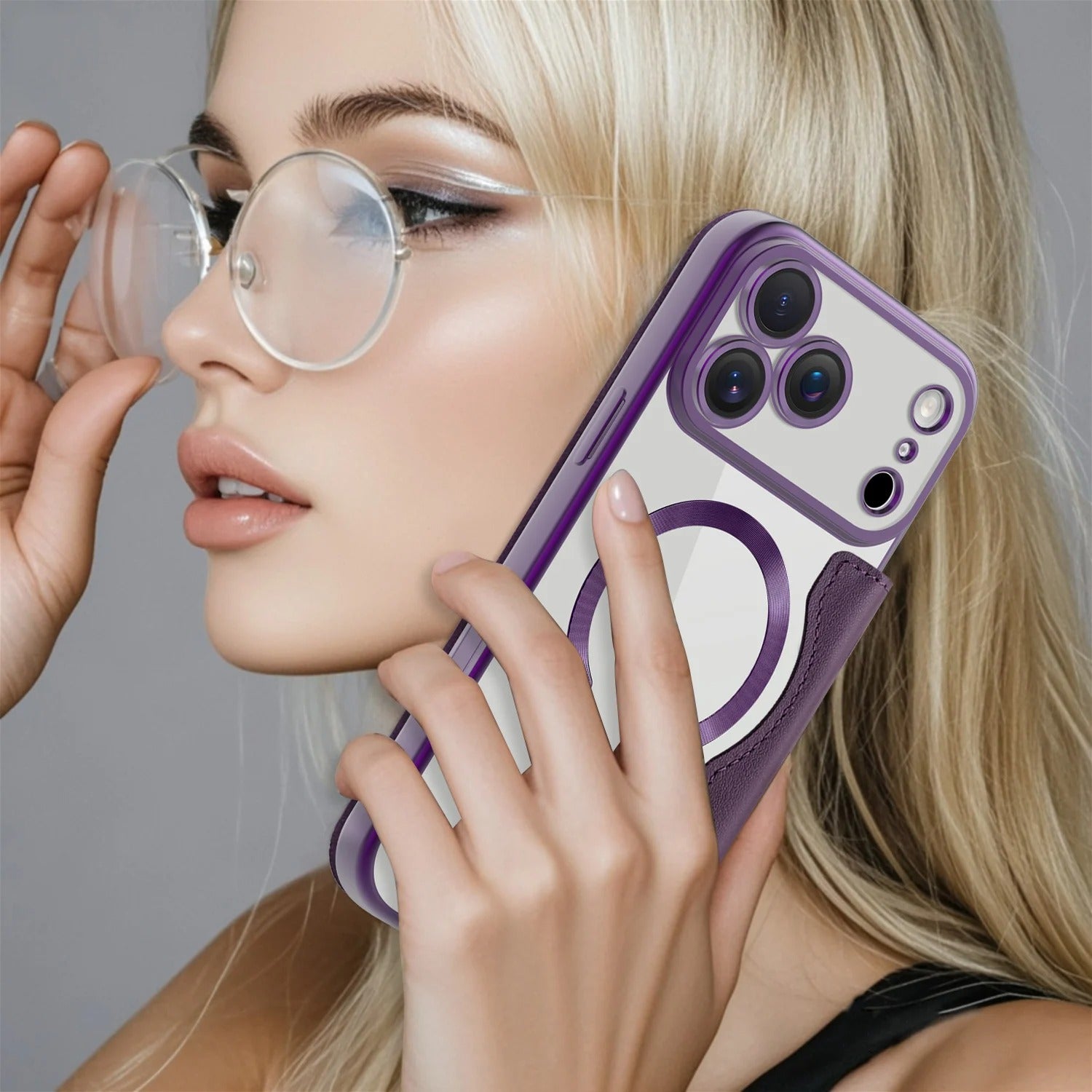 Luxury iPhone Magnetic Flip Case — PU Leather Plating Clear Cover with Card Holder, MagSafe Stand Support, Shockproof Anti-Fingerprint Full Coverage Design