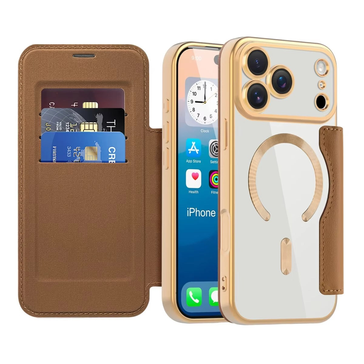 Luxury iPhone Magnetic Flip Case — PU Leather Plating Clear Cover with Card Holder, MagSafe Stand Support, Shockproof Anti-Fingerprint Full Coverage Design