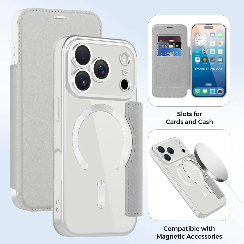 Luxury iPhone Magnetic Flip Case — PU Leather Plating Clear Cover with Card Holder, MagSafe Stand Support, Shockproof Anti-Fingerprint Full Coverage Design