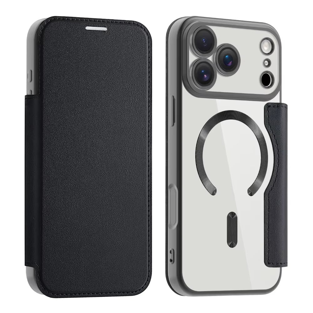 Luxury iPhone Magnetic Flip Case — PU Leather Plating Clear Cover with Card Holder, MagSafe Stand Support, Shockproof Anti-Fingerprint Full Coverage Design