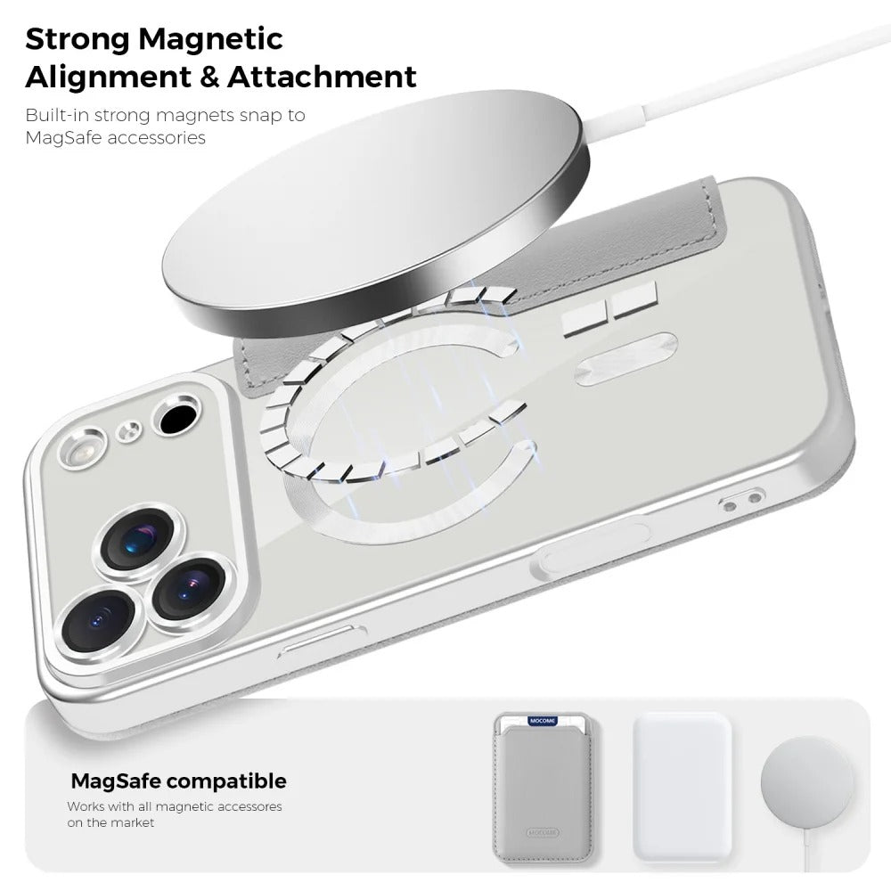 Luxury iPhone Magnetic Flip Case — PU Leather Plating Clear Cover with Card Holder, MagSafe Stand Support, Shockproof Anti-Fingerprint Full Coverage Design