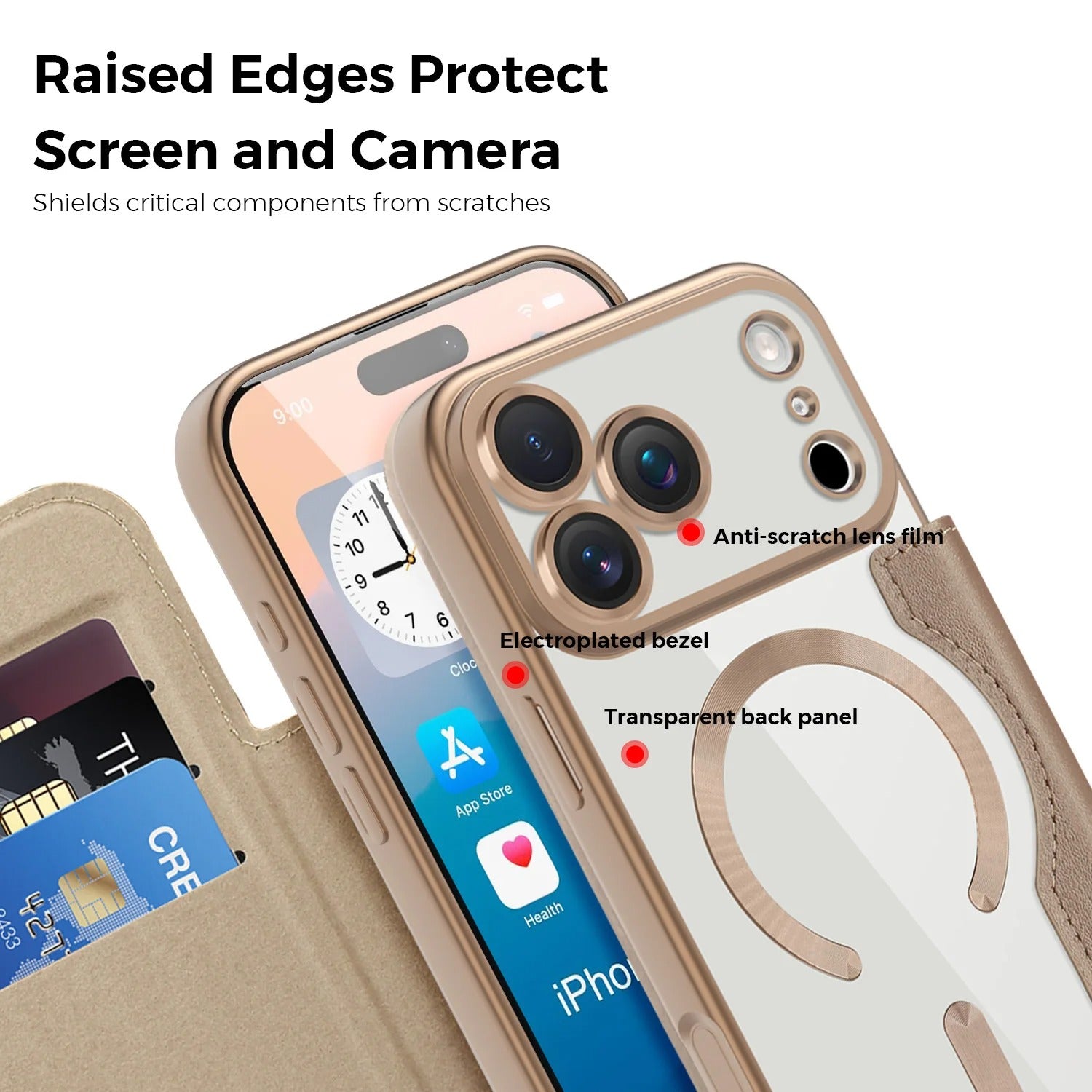 Luxury iPhone Magnetic Flip Case — PU Leather Plating Clear Cover with Card Holder, MagSafe Stand Support, Shockproof Anti-Fingerprint Full Coverage Design