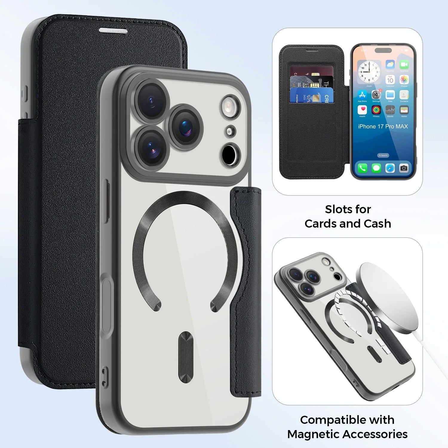 Luxury iPhone Magnetic Flip Case — PU Leather Plating Clear Cover with Card Holder, MagSafe Stand Support, Shockproof Anti-Fingerprint Full Coverage Design