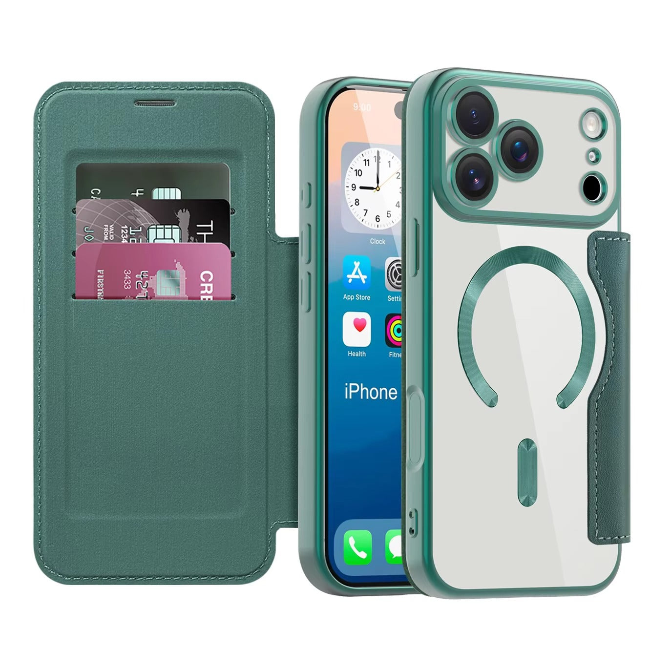 Luxury iPhone Magnetic Flip Case — PU Leather Plating Clear Cover with Card Holder, MagSafe Stand Support, Shockproof Anti-Fingerprint Full Coverage Design