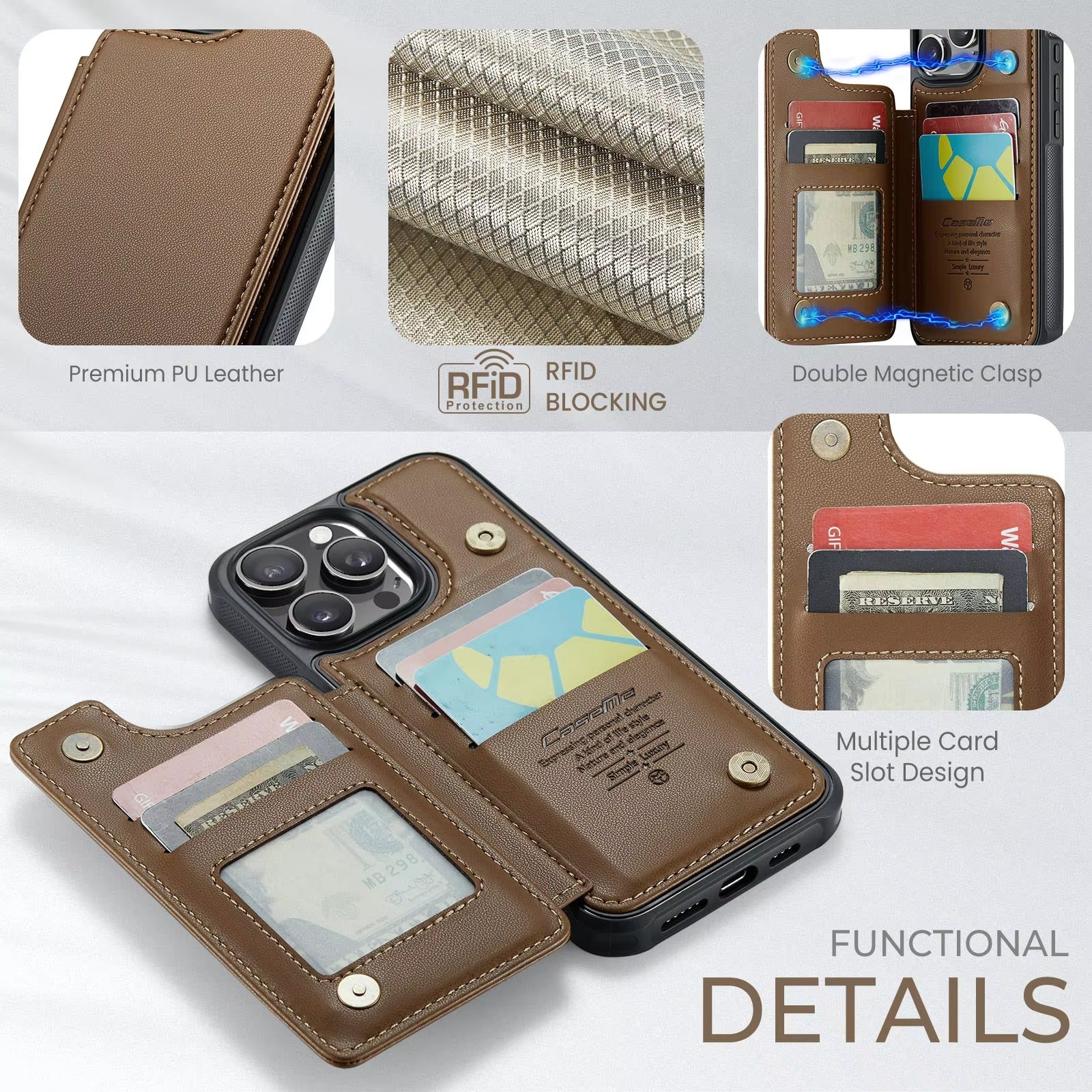 Luxury iPhone Magnetic Flip Wallet Case — PU Leather Cover with Card Holder, Shockproof Anti-Fingerprint Protection, Non-Slip Full Body Design