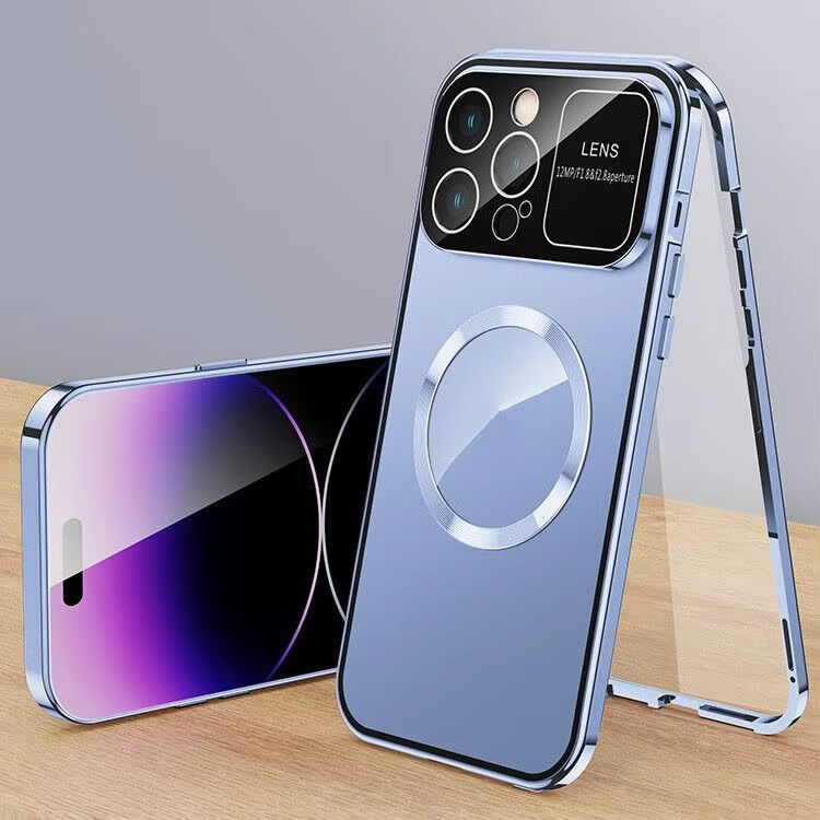 Luxury iPhone Magnetic Metal Case with Large Window Lens Protection — Aluminum Frame, Tempered Glass Screen Protector, Shockproof Slim Scratch-Resistant Cover