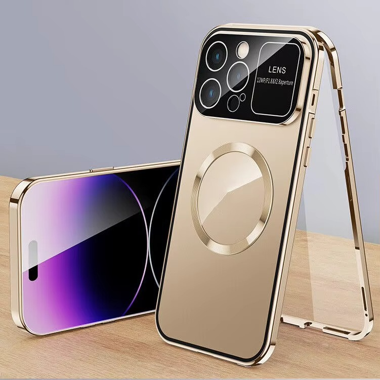Luxury iPhone Magnetic Metal Case with Large Window Lens Protection — Aluminum Frame, Tempered Glass Screen Protector, Shockproof Slim Scratch-Resistant Cover