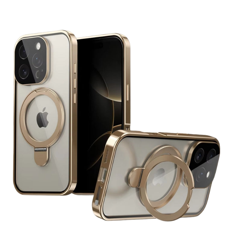 Luxury iPhone Magnetic Metal Frame Case — Double-Sided Anti-Peeping Glass Cover with Bracket Stand, Hard Anti-Drop Shockproof Protection