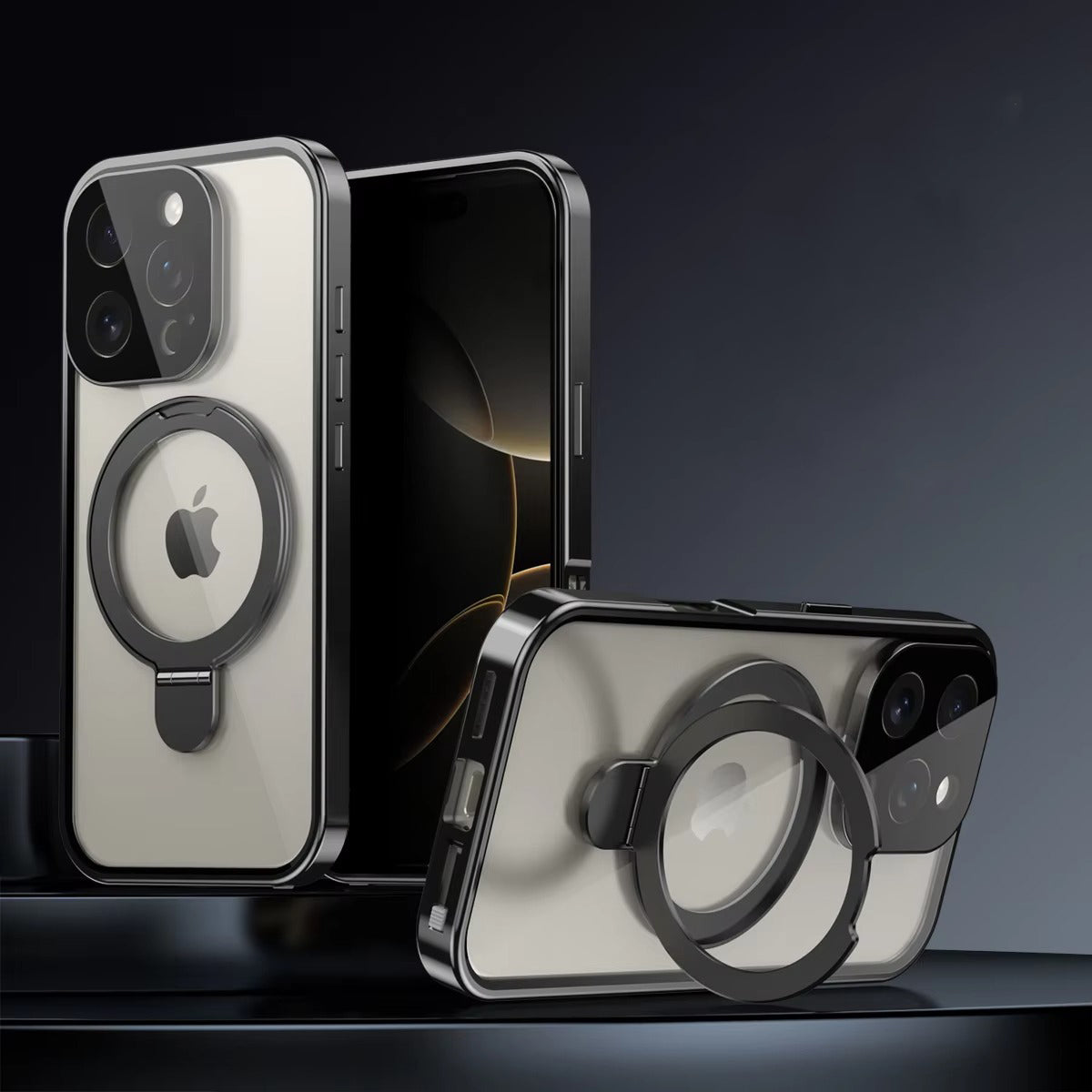 Luxury iPhone Magnetic Metal Frame Case — Double-Sided Anti-Peeping Glass Cover with Bracket Stand, Hard Anti-Drop Shockproof Protection