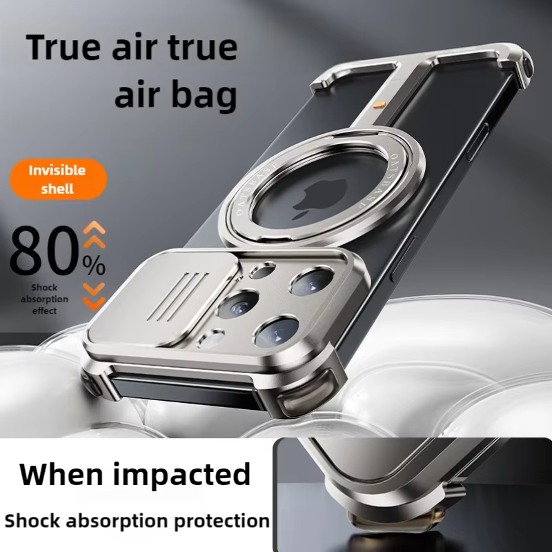 Luxury iPhone Metal Frameless Magnetic Case — Aluminum Alloy Cover with Ring Stand, Shockproof Camera Protection, Heavy Duty Matte Finish