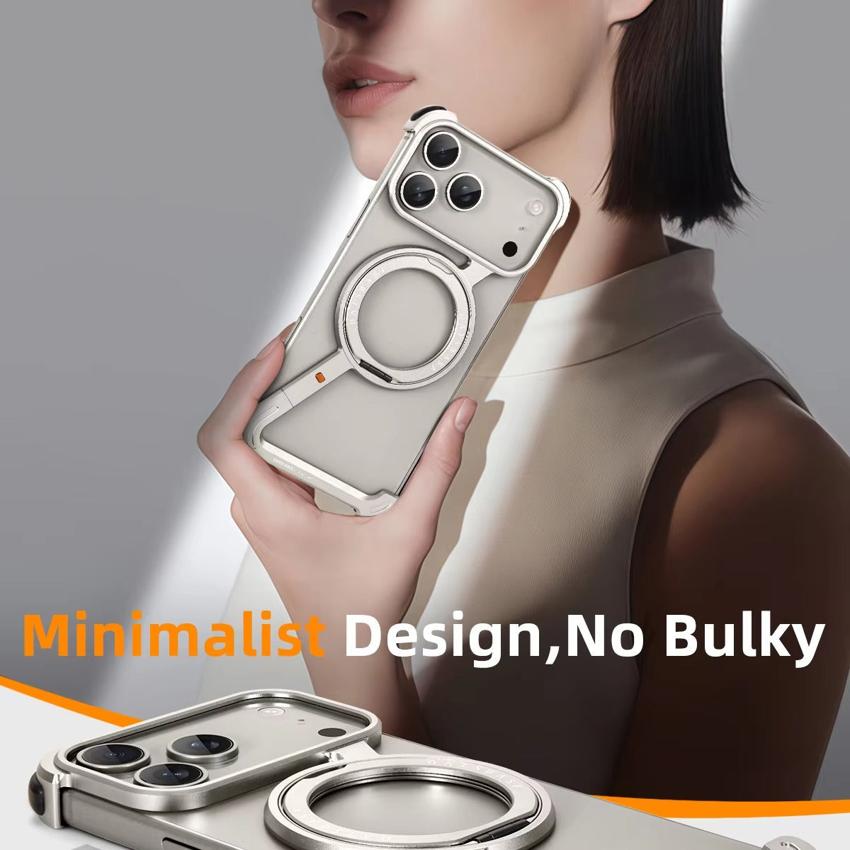 Luxury iPhone Metal Magnetic Case — Frameless Aluminum Alloy Cover with 360° Rotating Stand Ring, MagSafe Compatible Shockproof Protective Design