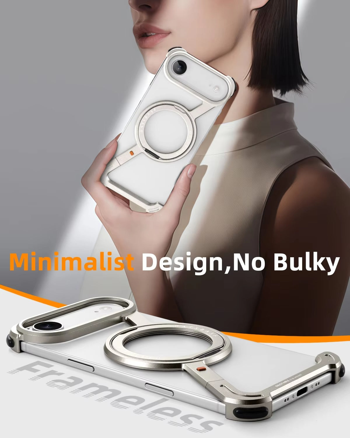 Luxury iPhone Metal Magnetic Case — Frameless Aluminum Alloy Cover with 360° Rotating Stand Ring, MagSafe Compatible Shockproof Protective Design