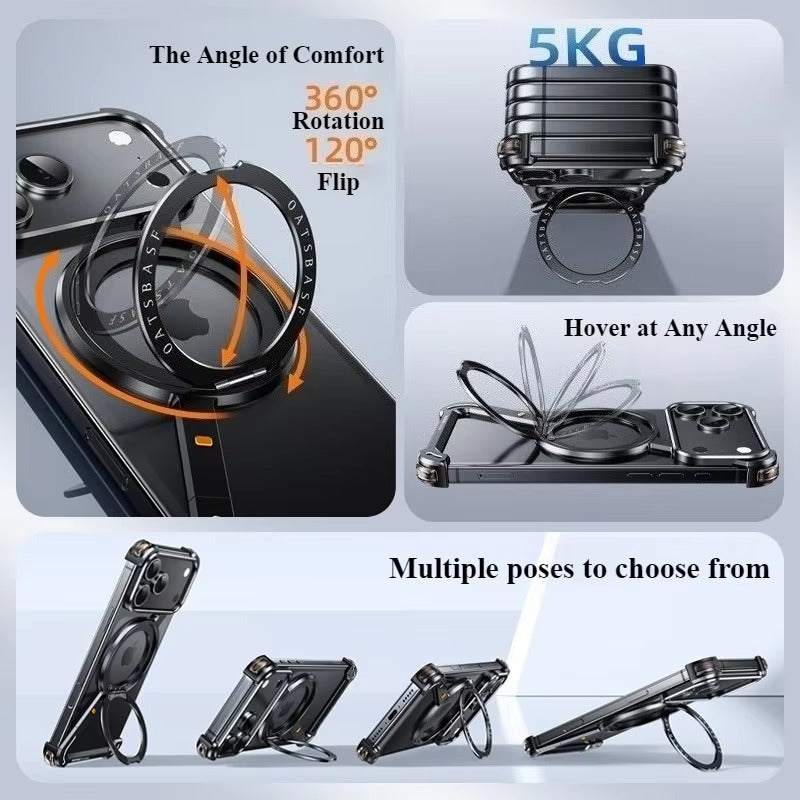 Luxury iPhone Metal Magnetic Case — Frameless Aluminum Alloy Cover with 360° Rotating Stand Ring, MagSafe Compatible Shockproof Protective Design
