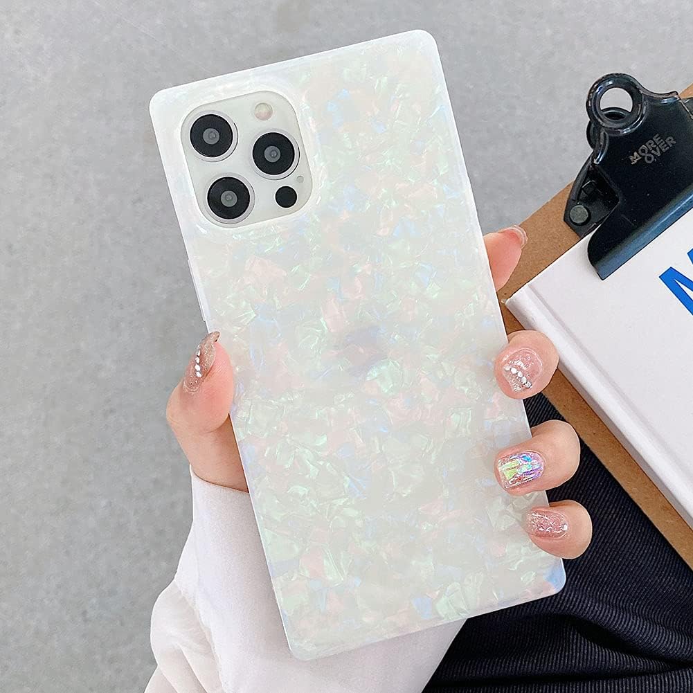 Luxury iPhone Mother of Pearl Case — Slim Rectangle Edge Design, Colorful Abalone Pattern Soft Silicone Cover, Shockproof Stylish Protective Finish