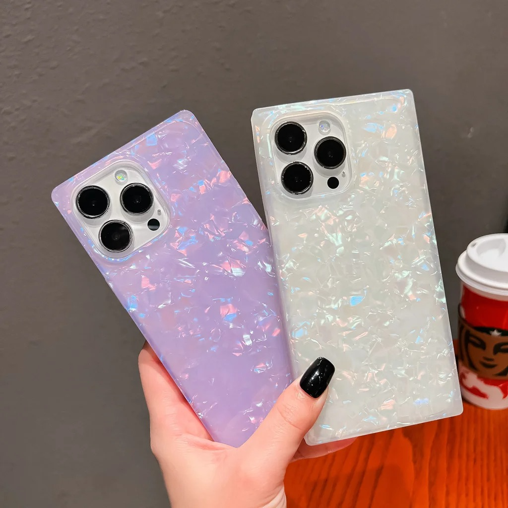 Luxury iPhone Mother of Pearl Case — Slim Rectangle Edge Design, Colorful Abalone Pattern Soft Silicone Cover, Shockproof Stylish Protective Finish