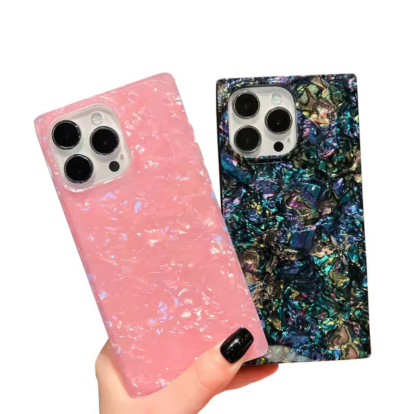 Luxury iPhone Mother of Pearl Case — Slim Rectangle Edge Design, Colorful Abalone Pattern Soft Silicone Cover, Shockproof Stylish Protective Finish