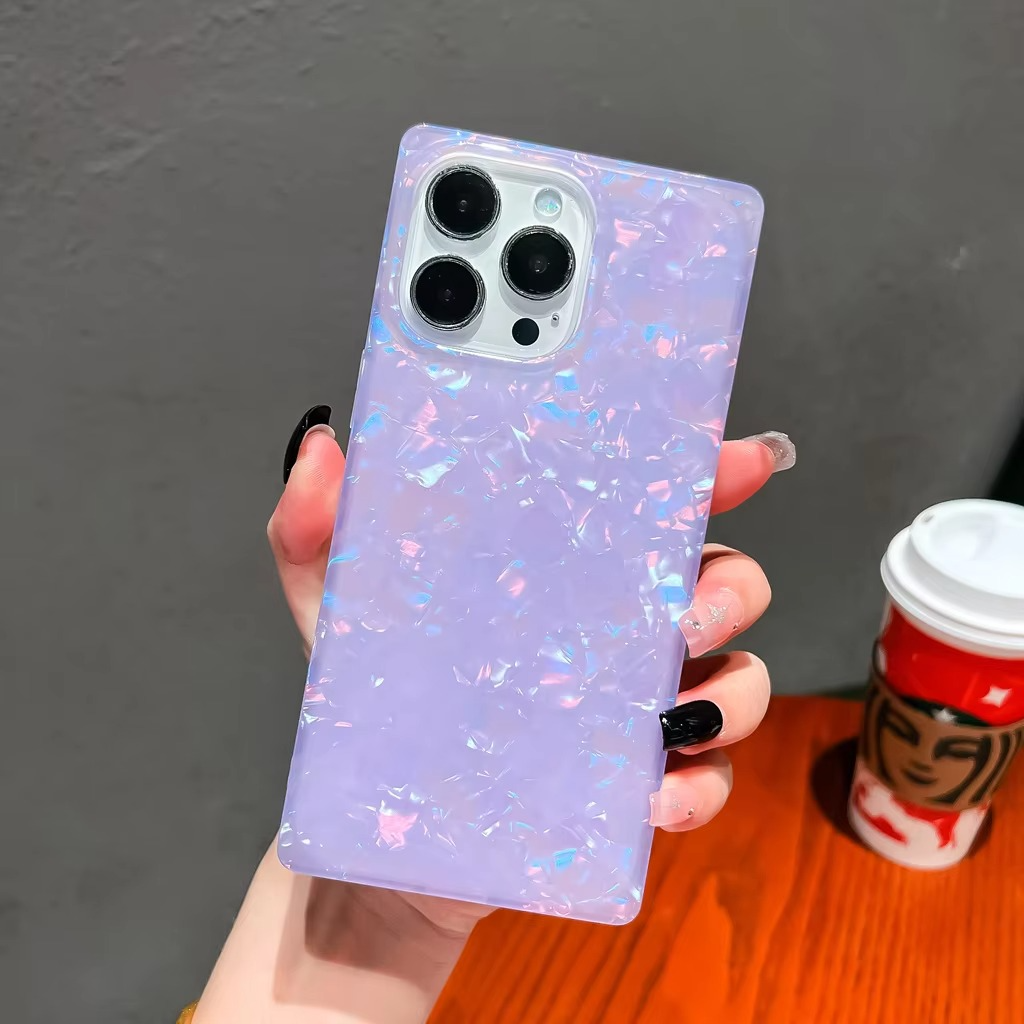 Luxury iPhone Mother of Pearl Case — Slim Rectangle Edge Design, Colorful Abalone Pattern Soft Silicone Cover, Shockproof Stylish Protective Finish