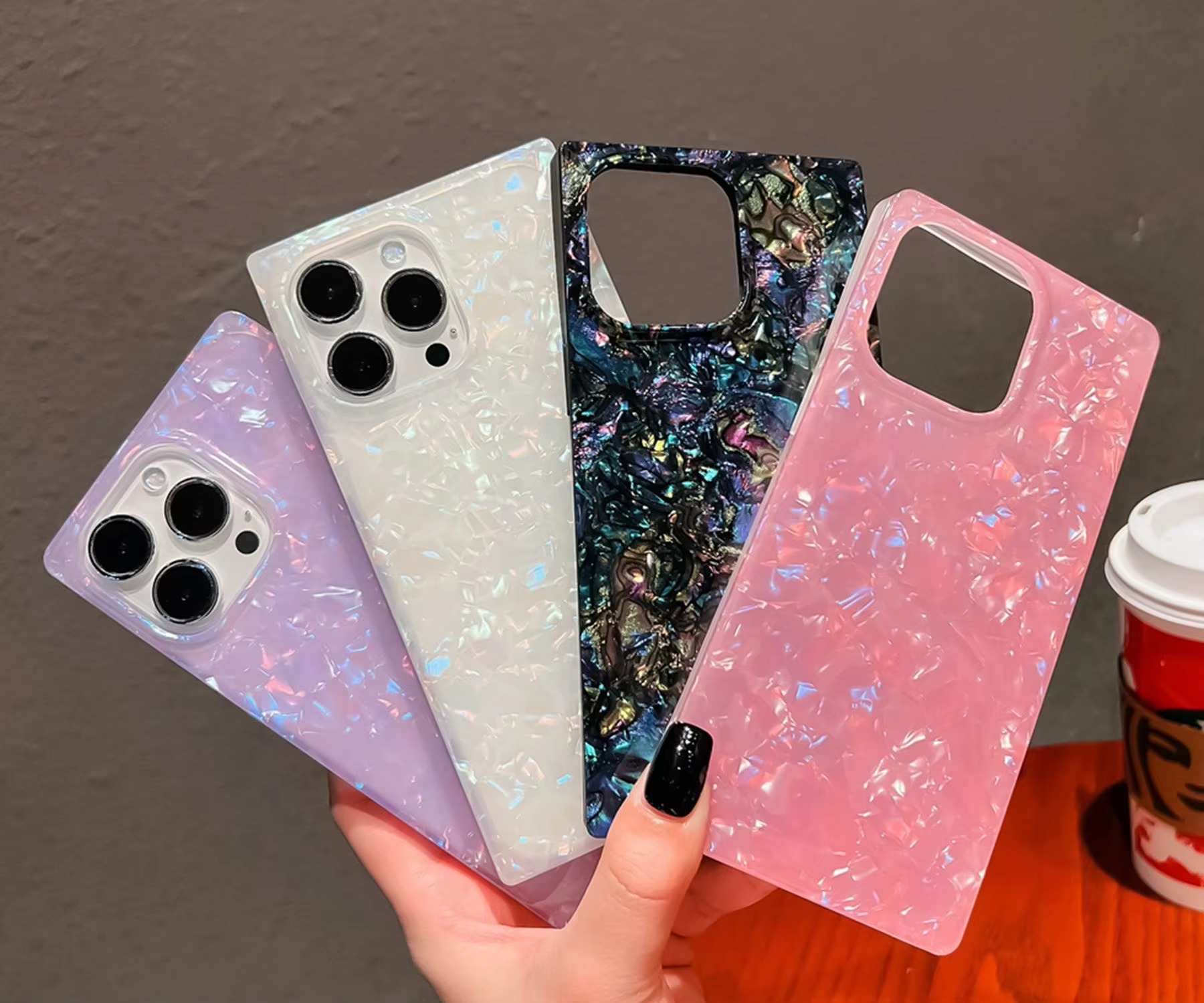 Luxury iPhone Mother of Pearl Case — Slim Rectangle Edge Design, Colorful Abalone Pattern Soft Silicone Cover, Shockproof Stylish Protective Finish