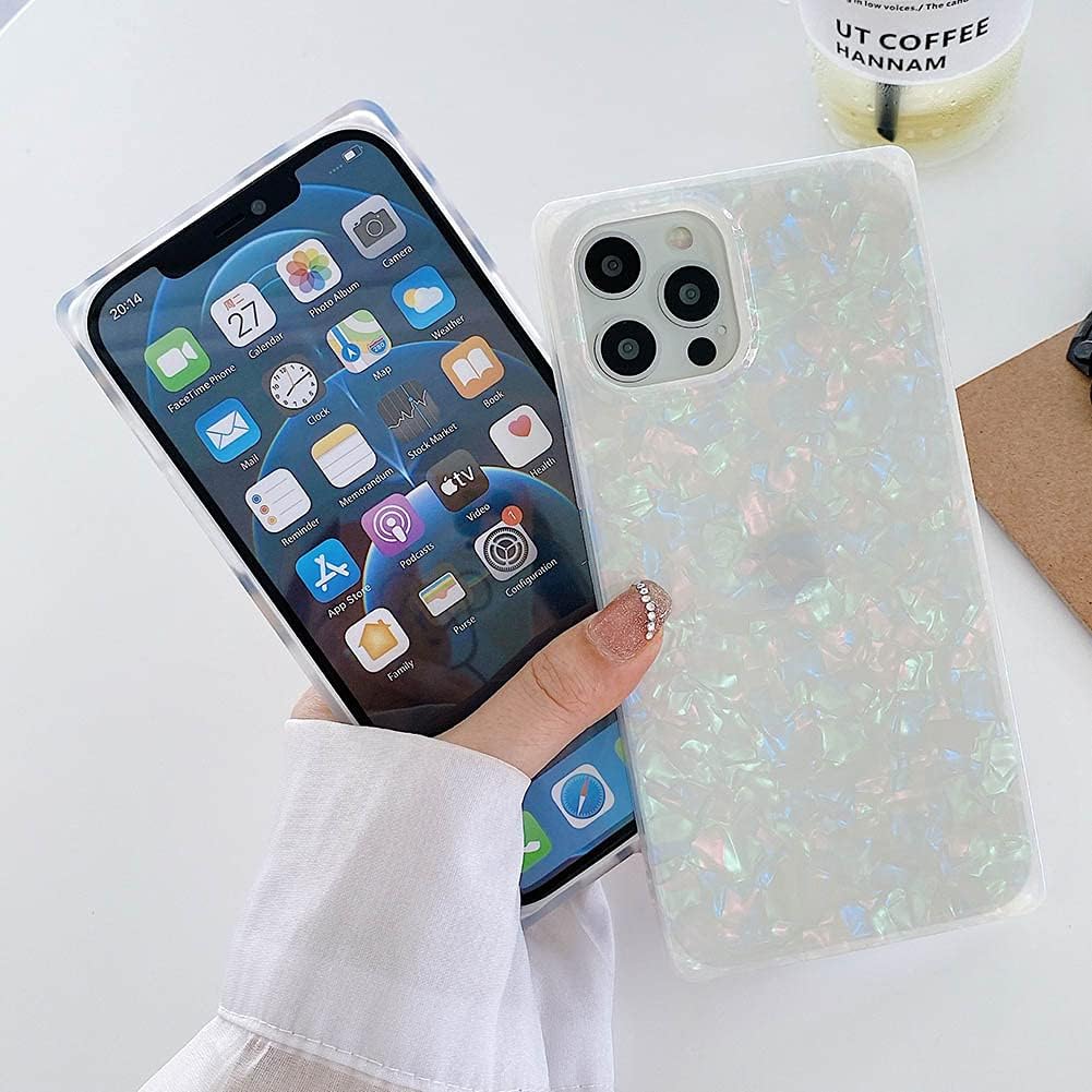 Luxury iPhone Mother of Pearl Case — Slim Rectangle Edge Design, Colorful Abalone Pattern Soft Silicone Cover, Shockproof Stylish Protective Finish