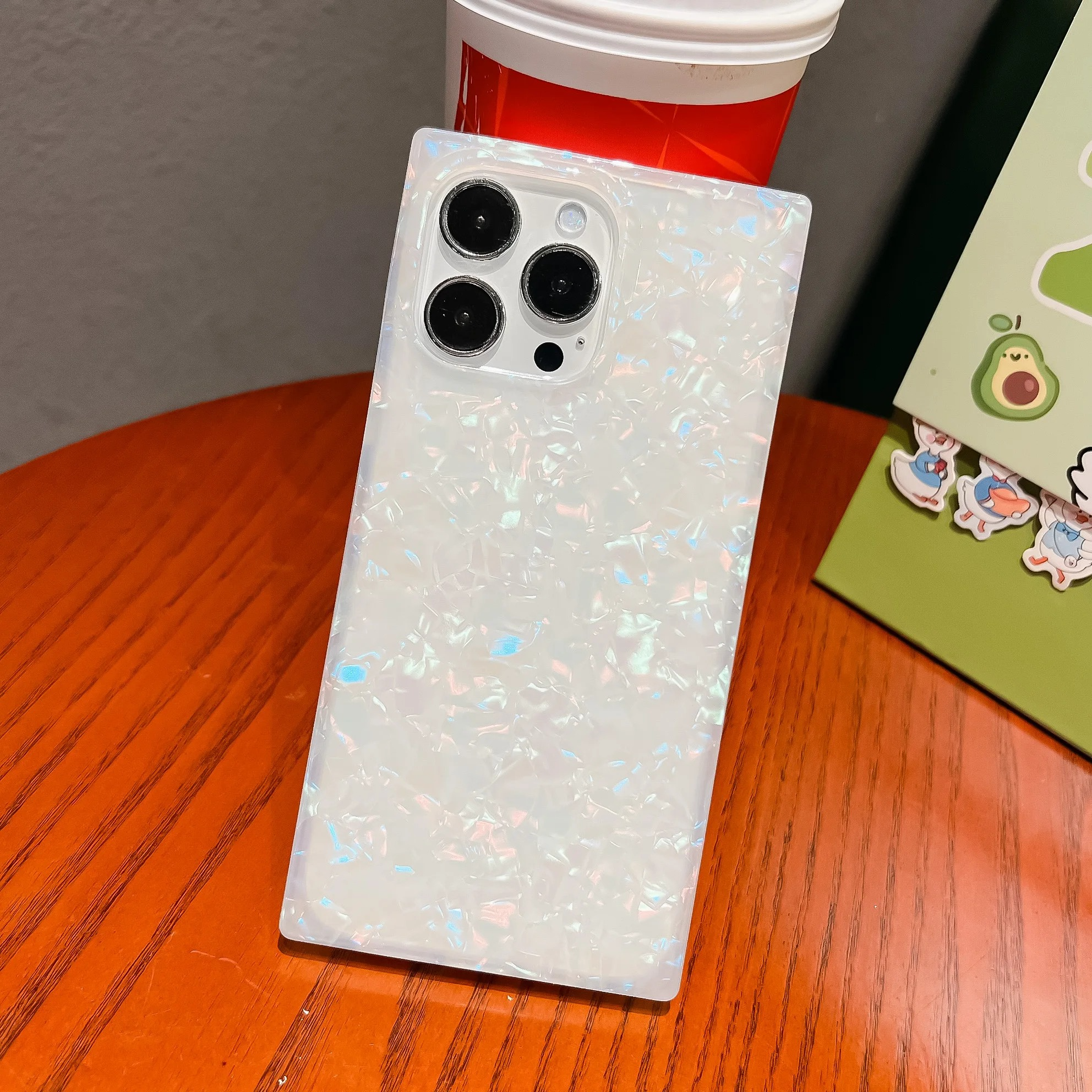 Luxury iPhone Mother of Pearl Case — Slim Rectangle Edge Design, Colorful Abalone Pattern Soft Silicone Cover, Shockproof Stylish Protective Finish